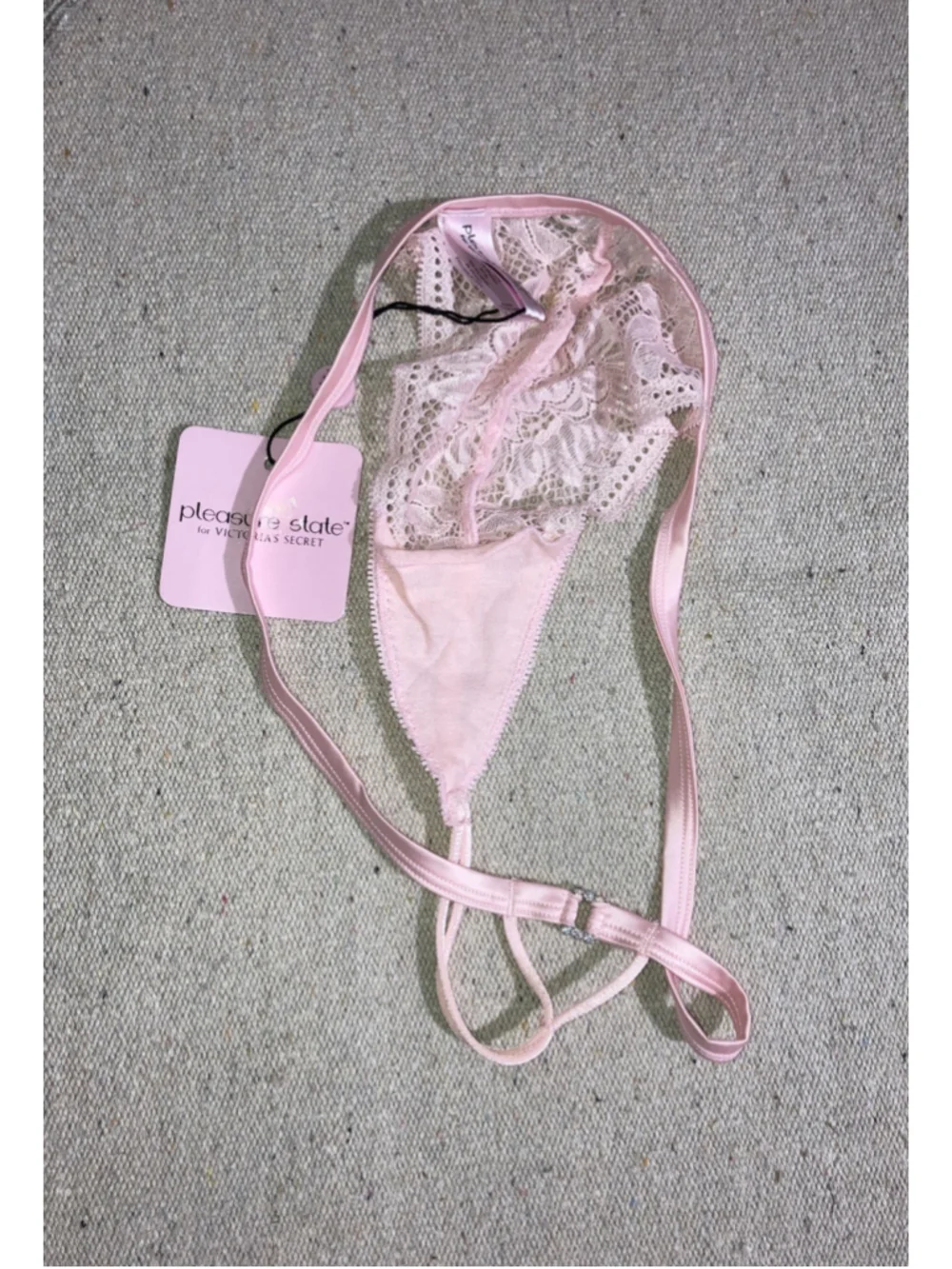 Pleasure State Pink Crystal Keyhole Lace Shiny Satin String Thong Panties L New